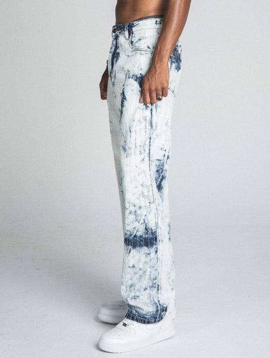 AJ01L-1 DARK BLUE/WHITE TIE DYE THREAD LINE LOOSE JEANS