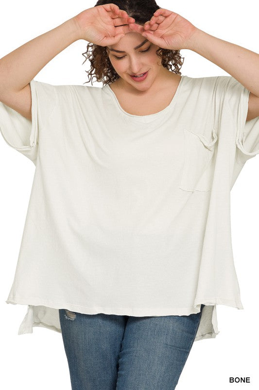 Zenana Plus Size Oversized Raw Edge Womens V-Neck Tee in Bone