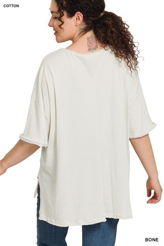 Zenana Plus Size Oversized Raw Edge Womens V-Neck Tee in Bone