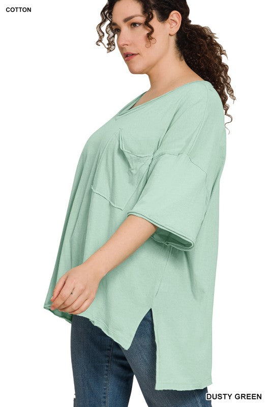 Zenana Plus Size Oversized Raw Edge Womens V-Neck Tee in Bone