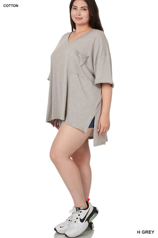 Zenana Plus Size Oversized Raw Edge Womens V-Neck Tee in Bone