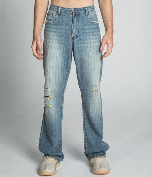 AJ02L RIPPED BLUE THREAD LOOSE JEANS