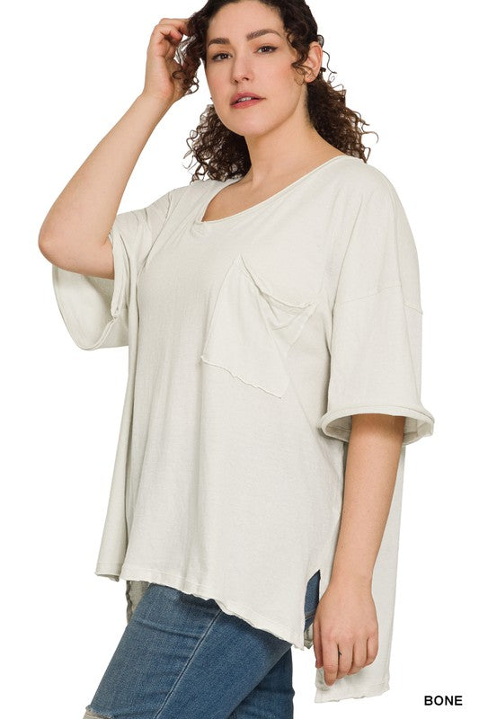 Zenana Plus Size Oversized Raw Edge Womens V-Neck Tee in Bone